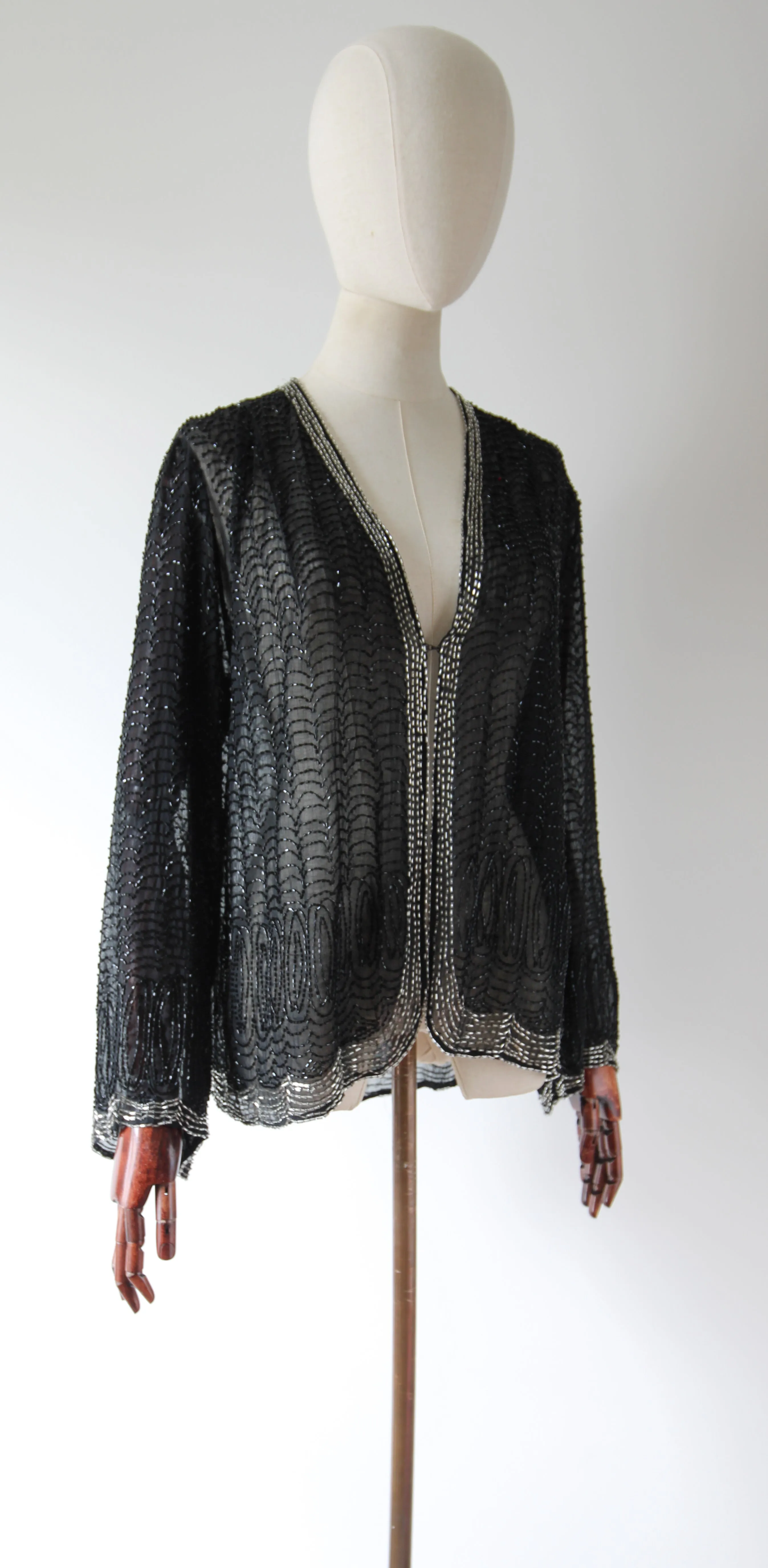 "Midnight Serenade" Vintage 1920's Black & Silver Scalloped Beaded Jacket UK 10-12 US 6-8