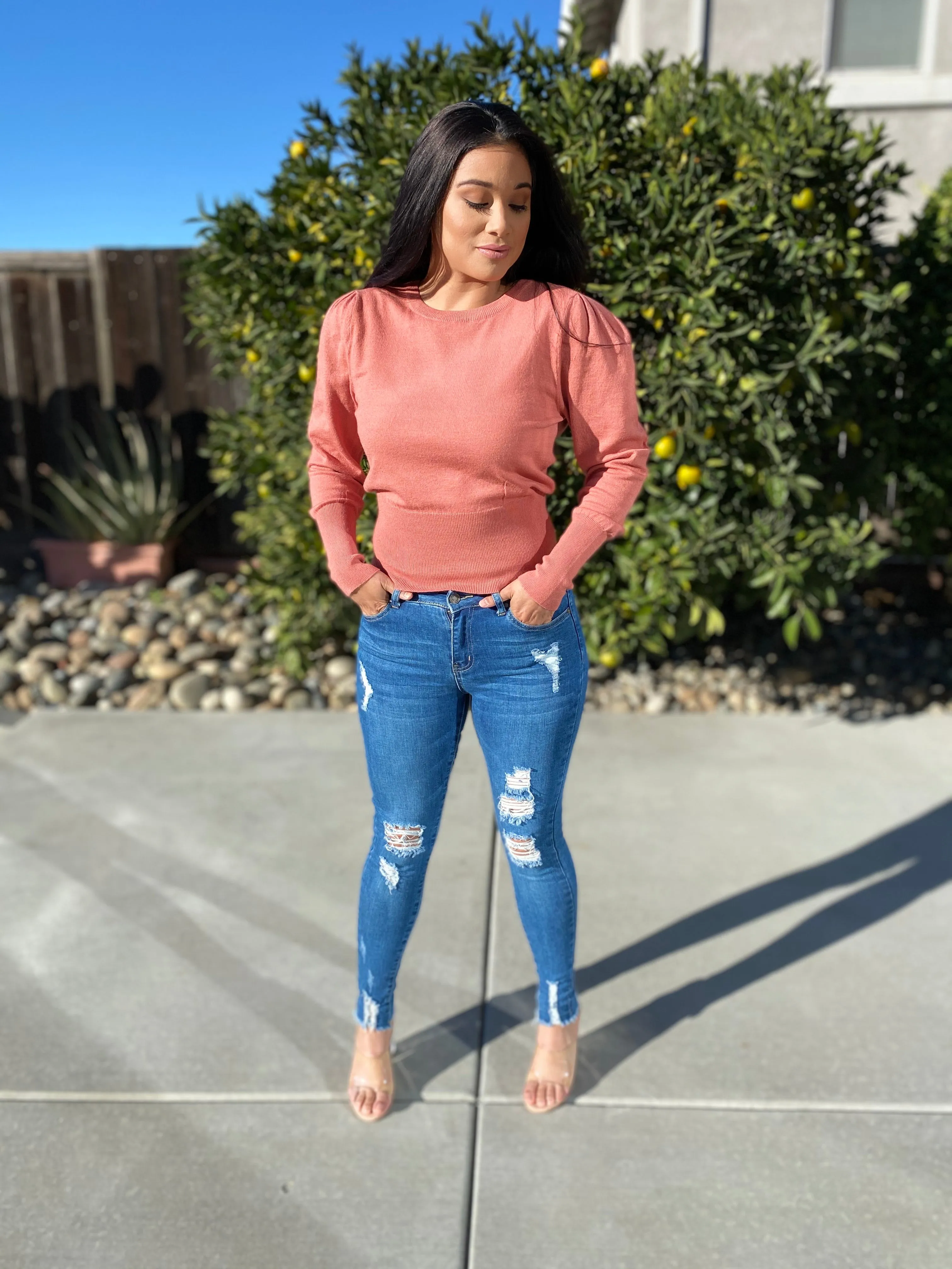 Ribbed Puff Sleeve Mock Neckline Sweater Top