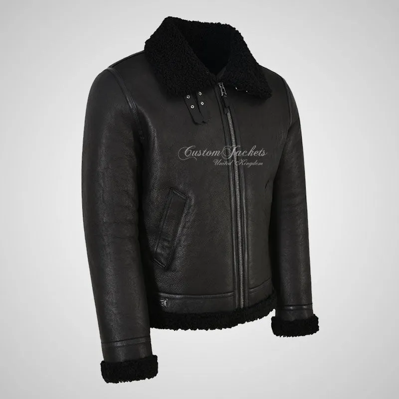 UMEA Men's Black Sheepskin Flying Jacket B3 Curly Fur Shearling Jacket