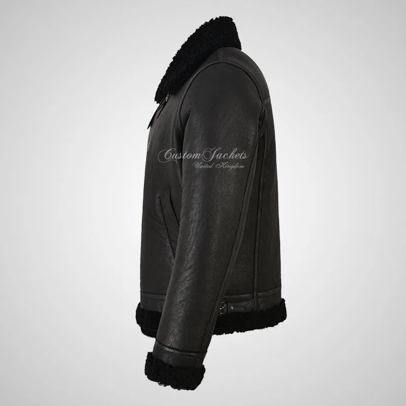UMEA Men's Black Sheepskin Flying Jacket B3 Curly Fur Shearling Jacket