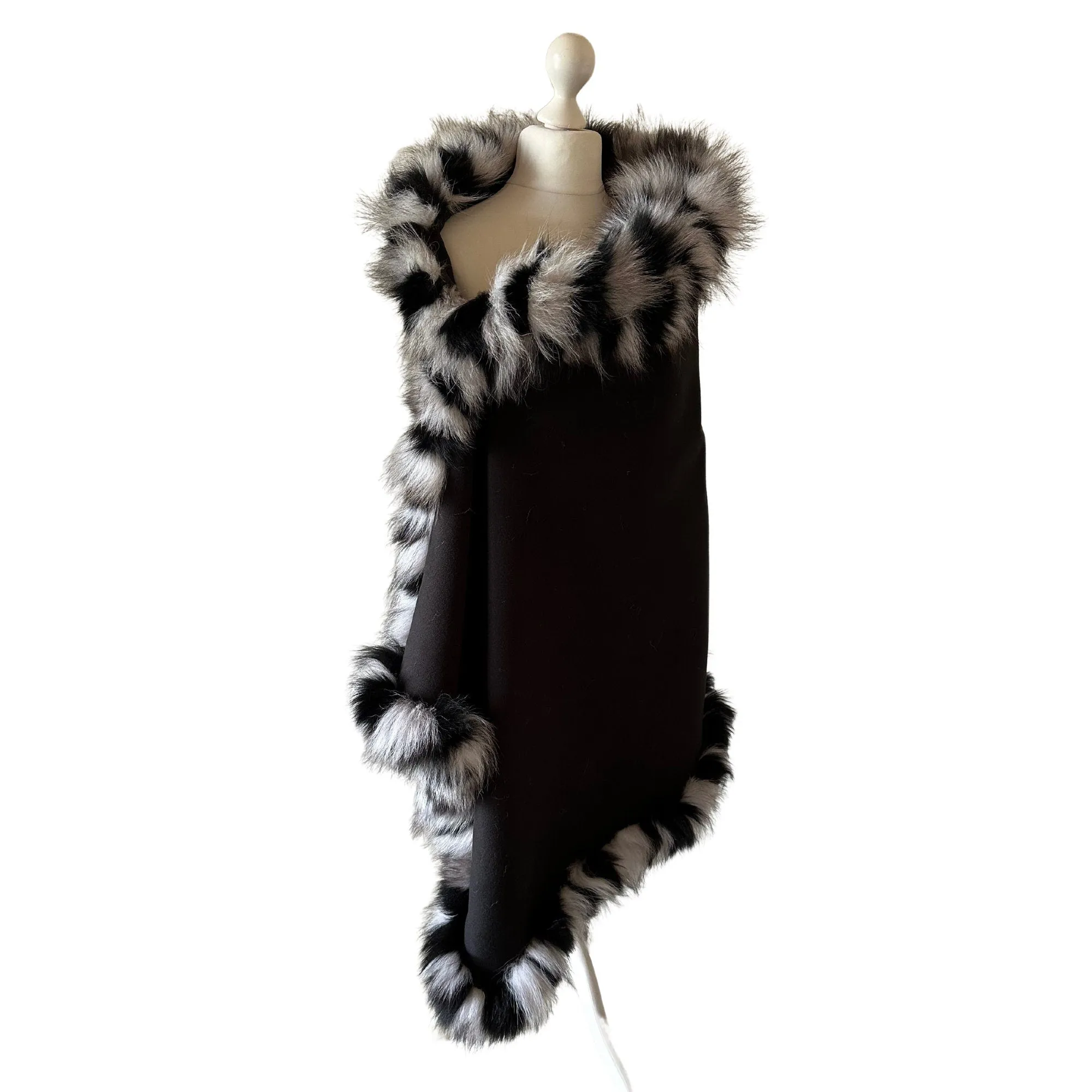 Women Black Cape Wrap Woolen blend and Trim Arctic Fox Fur