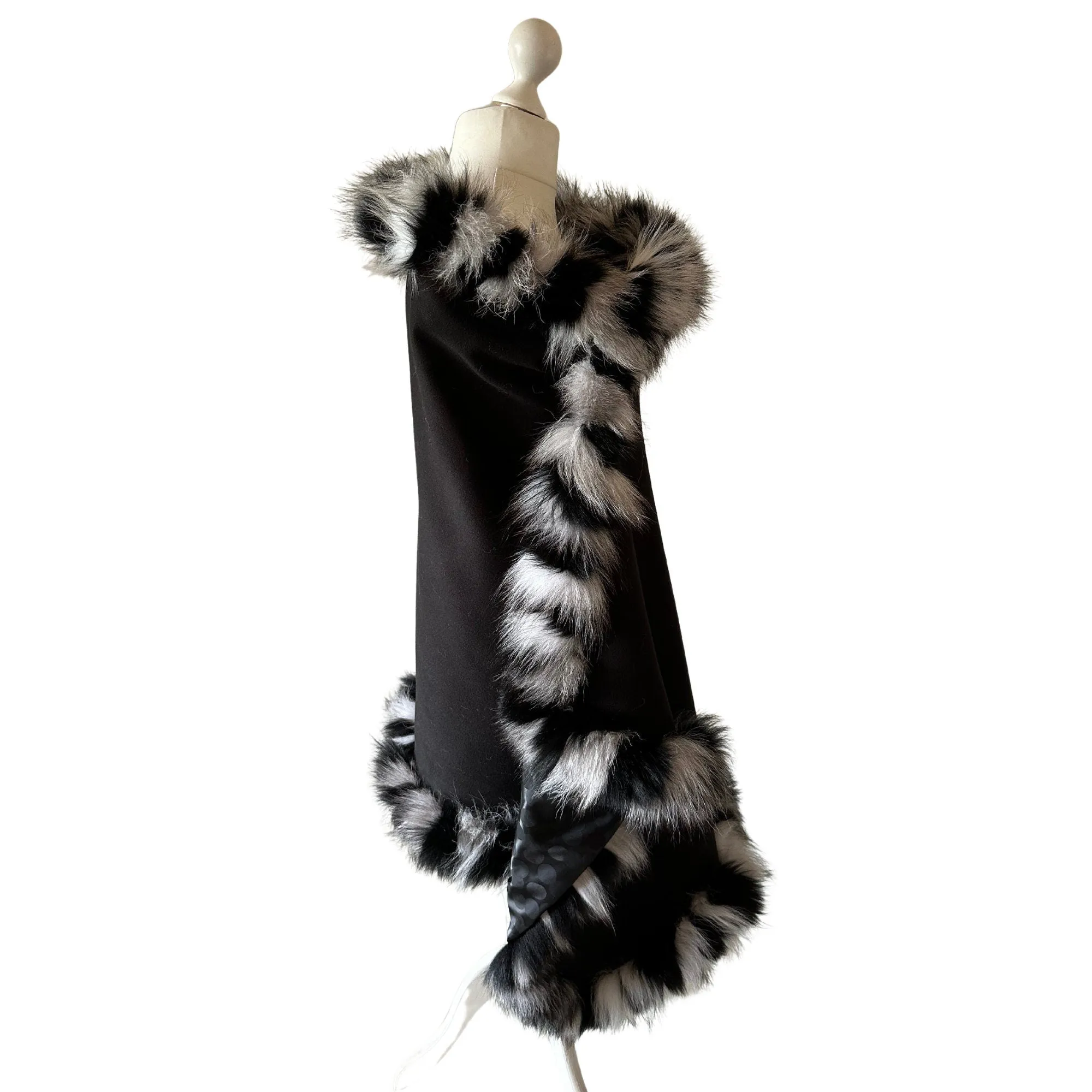 Women Black Cape Wrap Woolen blend and Trim Arctic Fox Fur
