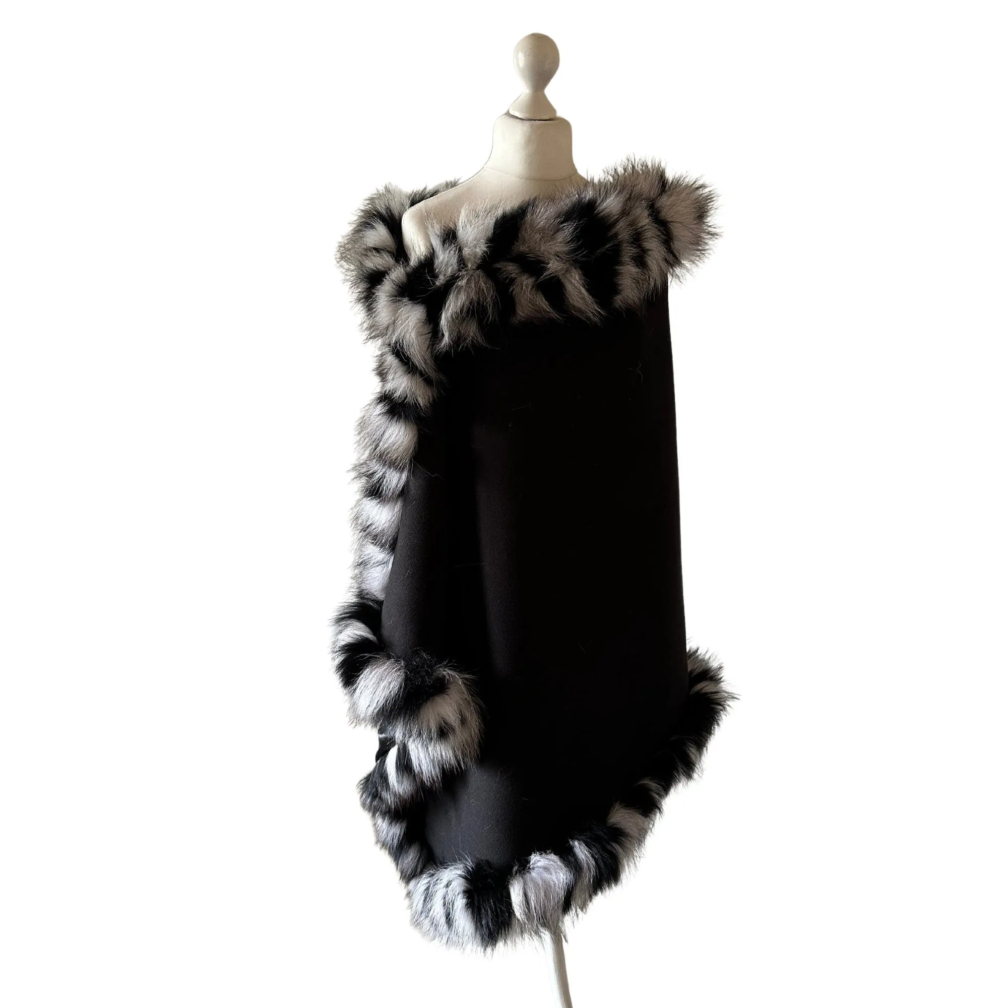 Women Black Cape Wrap Woolen blend and Trim Arctic Fox Fur