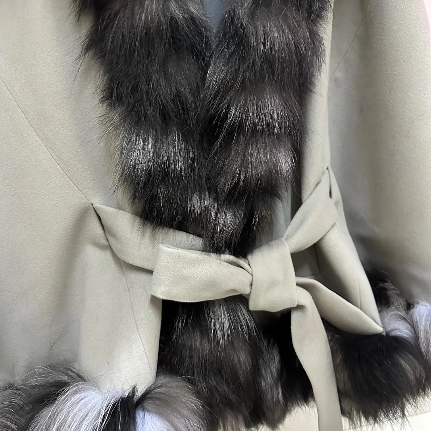 Women’s Cape with Hood - Cashmere and Arctic Fox Fur Trim, 65 cm Length