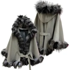 Women’s Cape with Hood - Cashmere and Arctic Fox Fur Trim, 65 cm Length