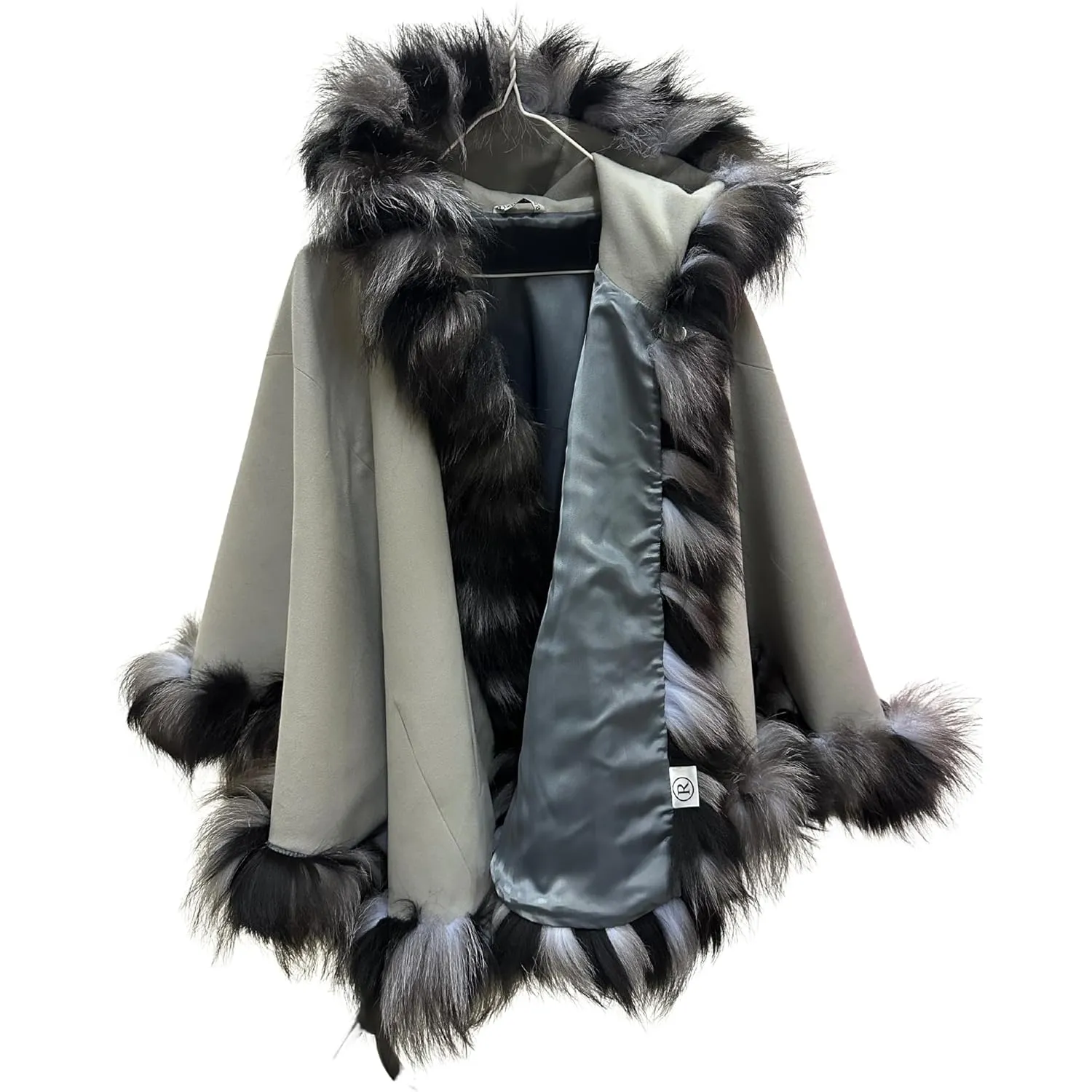 Women’s Cape with Hood - Cashmere and Arctic Fox Fur Trim, 65 cm Length