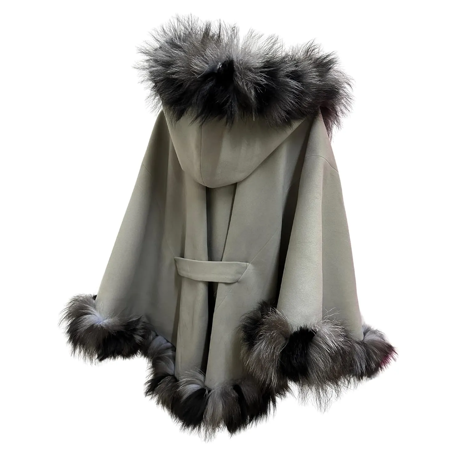 Women’s Cape with Hood - Cashmere and Arctic Fox Fur Trim, 65 cm Length
