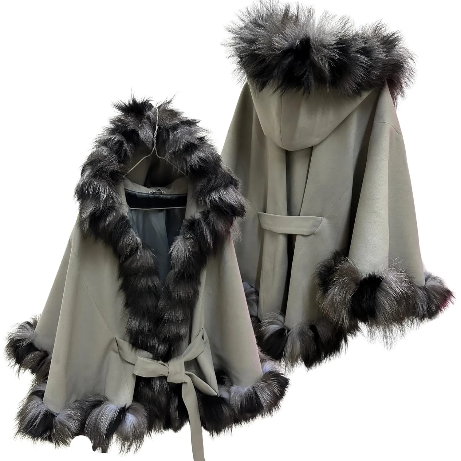 Women’s Cape with Hood - Cashmere and Arctic Fox Fur Trim, 65 cm Length