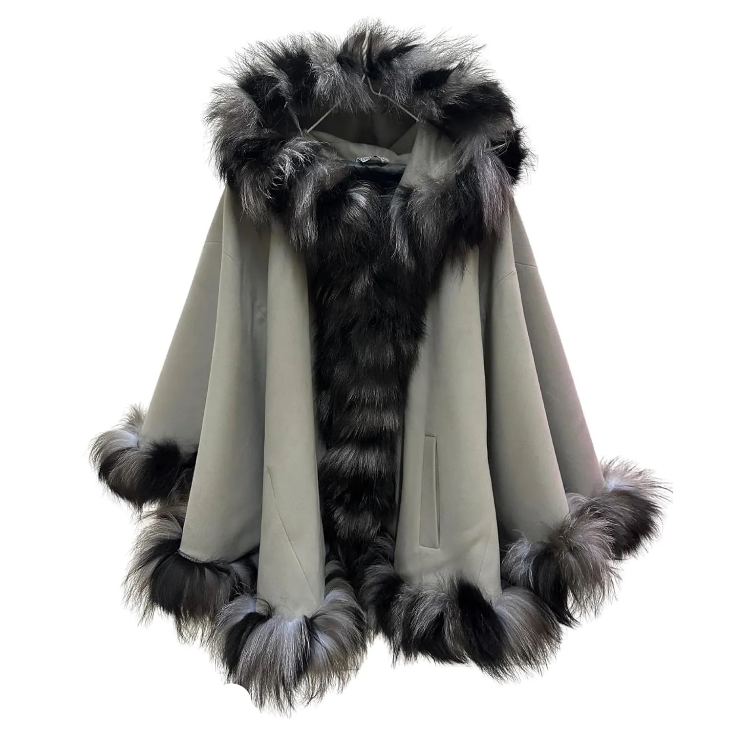 Women’s Cape with Hood - Cashmere and Arctic Fox Fur Trim, 65 cm Length