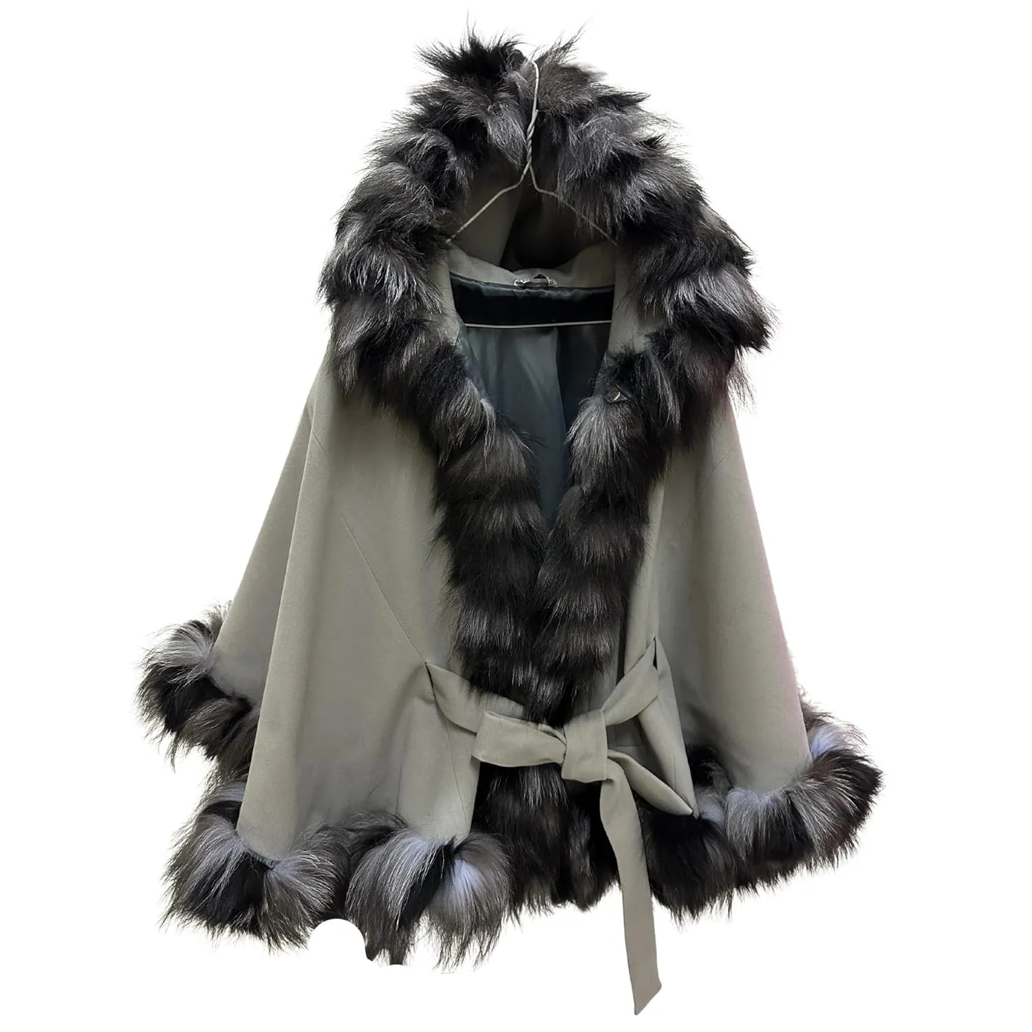Women’s Cape with Hood - Cashmere and Arctic Fox Fur Trim, 65 cm Length