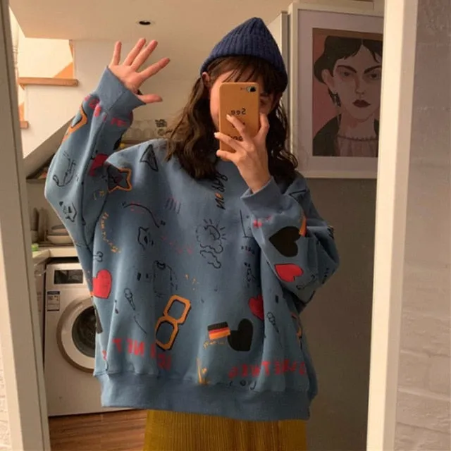 Women's Graffiti Print Sweatshirt – Loose Long Sleeve Pullover, 2025 Fashion Streetwear Casual Hoodie for Spring & Autumn