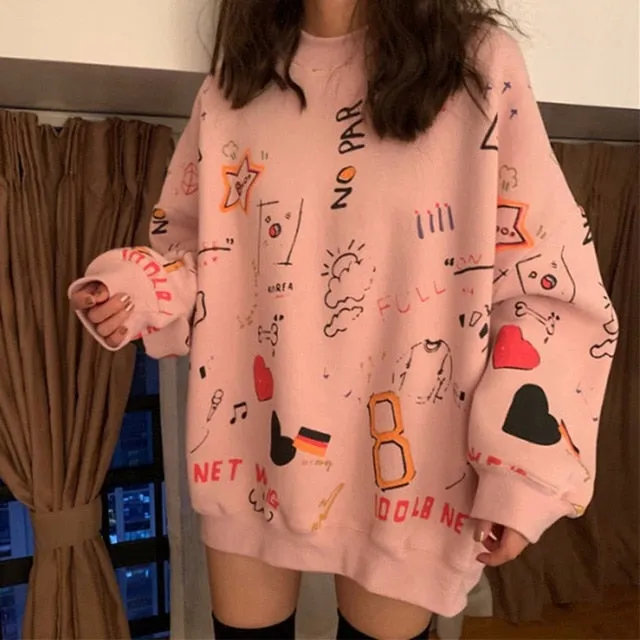 Women's Graffiti Print Sweatshirt – Loose Long Sleeve Pullover, 2025 Fashion Streetwear Casual Hoodie for Spring & Autumn