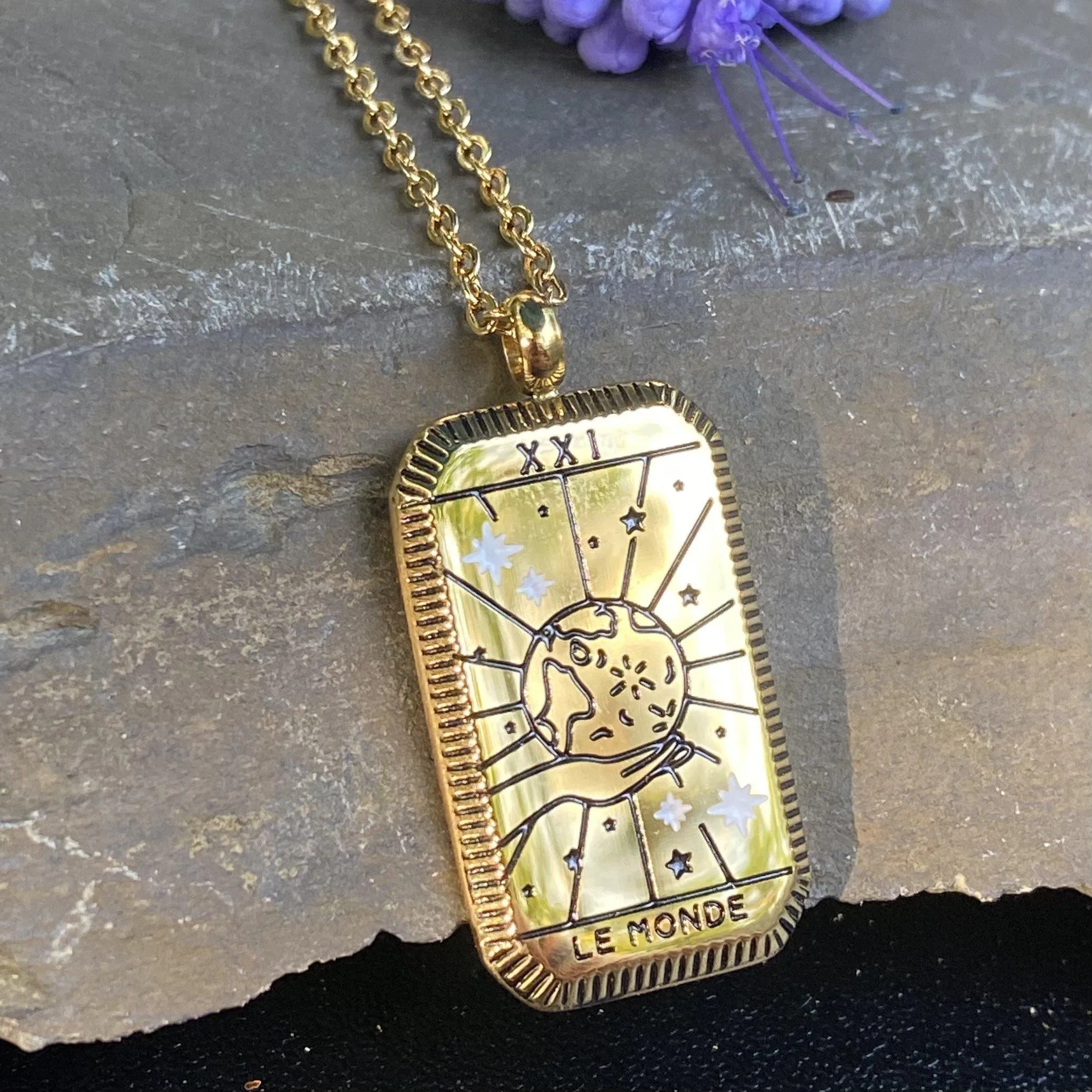 World Tarot Card Gold Necklace